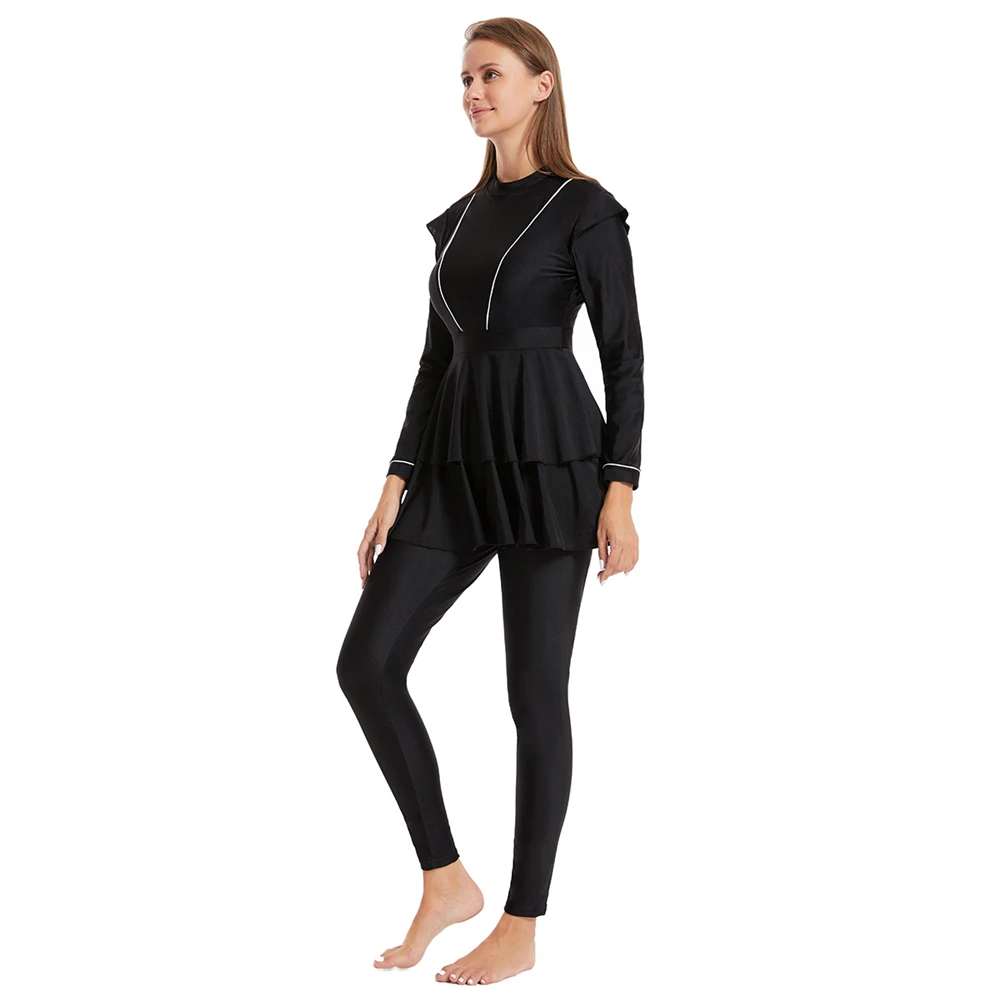 Black 3-piece full coverage swimsuit with long sleeve V-neck tunic, skirt, and hijab