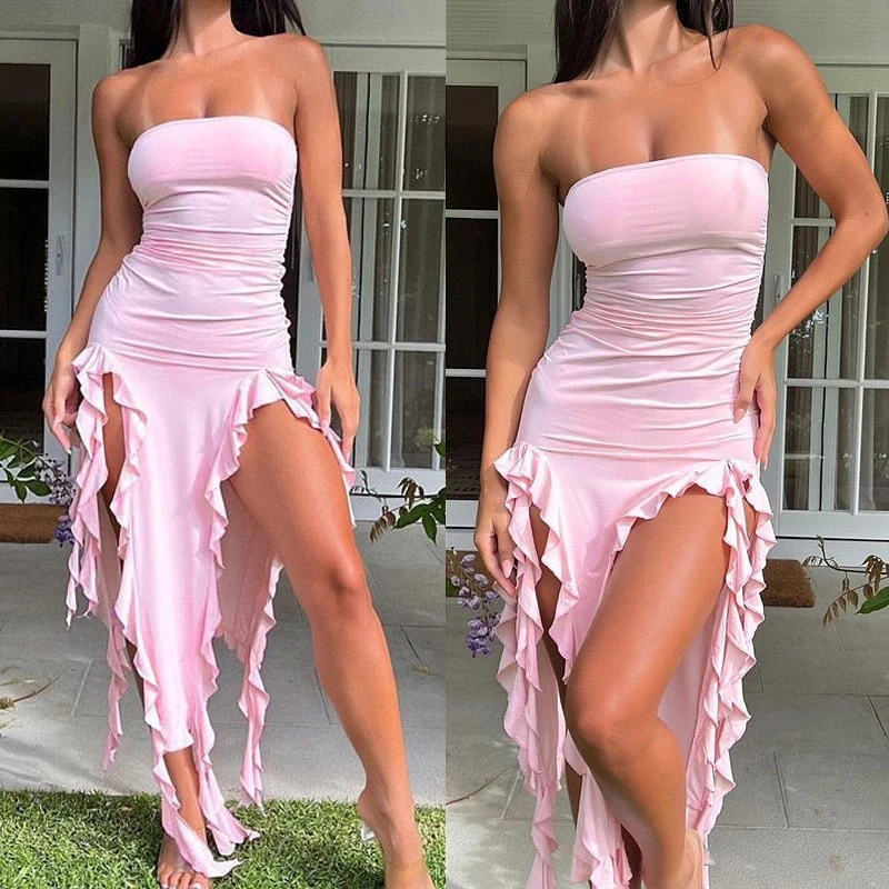 

Женское летнее однотонное платье средней длины, без бретелек