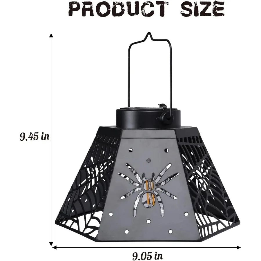 2 Pack Halloween Solar Lantern with Spider Web Design Outdoor Hanging LED Light for Yard Patio Garden Waterproof Metal Decorati