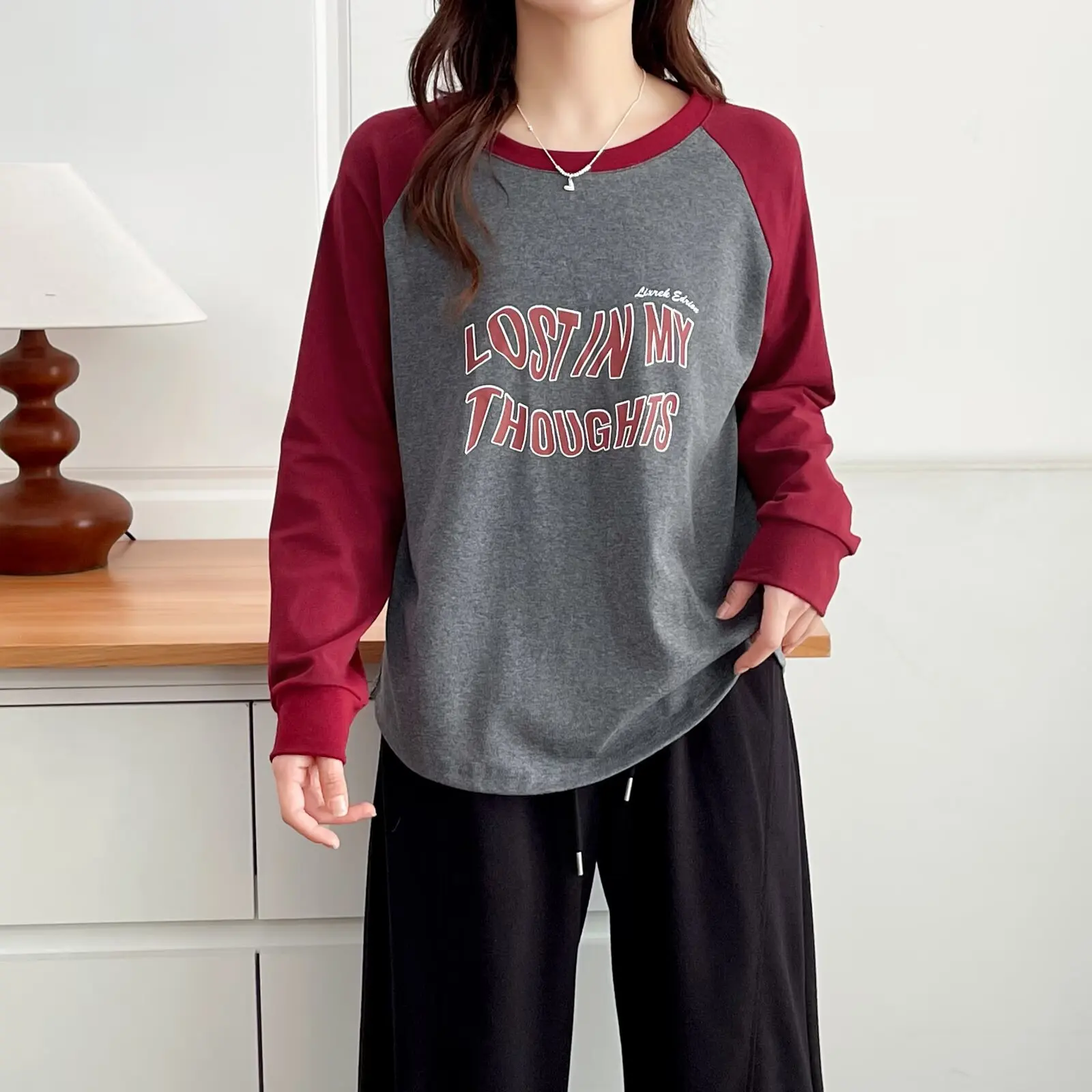 Fashion Plus Size Women's T-Shirt Autumn New Style Casual Color Blocked Printed Letter Long Sleeved Tops 7033