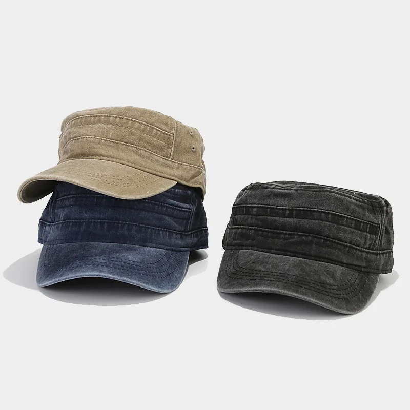 British Retro Flat Top Peak Cap Men Boys Military Training Light Plate Solid Color Army Hat Short Brim Sunshade Cracket Caps