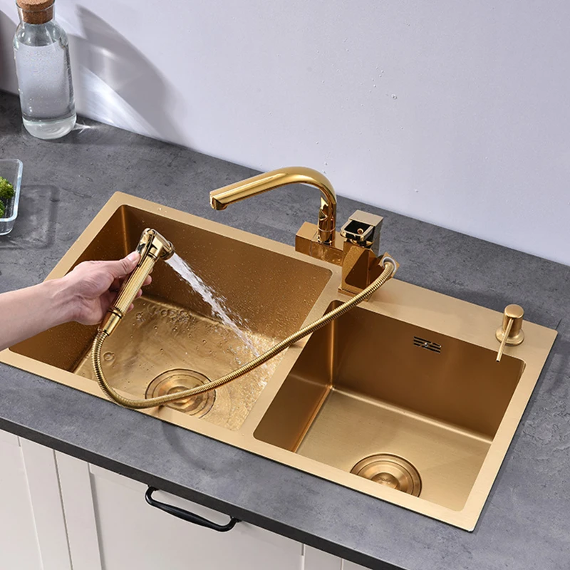 Gold Kitchen Sink kitchen accessories kitchen sink Above Counter or Undermount 304 Stainless Steel double Bowl Goldn Basket Drainer Soap Dispenser Washing Basin
