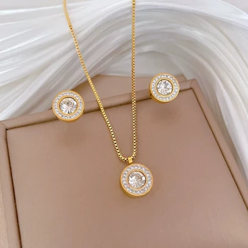 ZAKOL Shiny Crystal Zircon Round Pendant Necklace Earrings for Women Exquisite Stainless Steel Chain 2 Pcs Jewelry Set 1