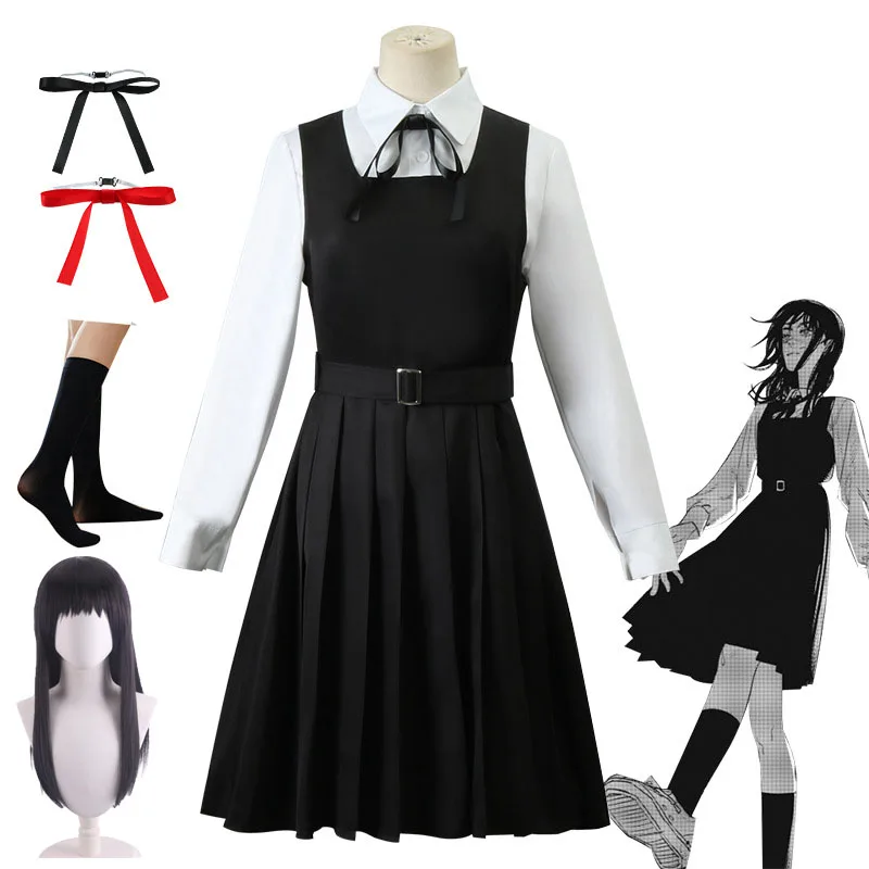 

Anime Chainsaw Man Mitaka Asa Cosplay Costume Black Dress White Waistcoat Outfit for Women Role Play Halloween Carnival Suit