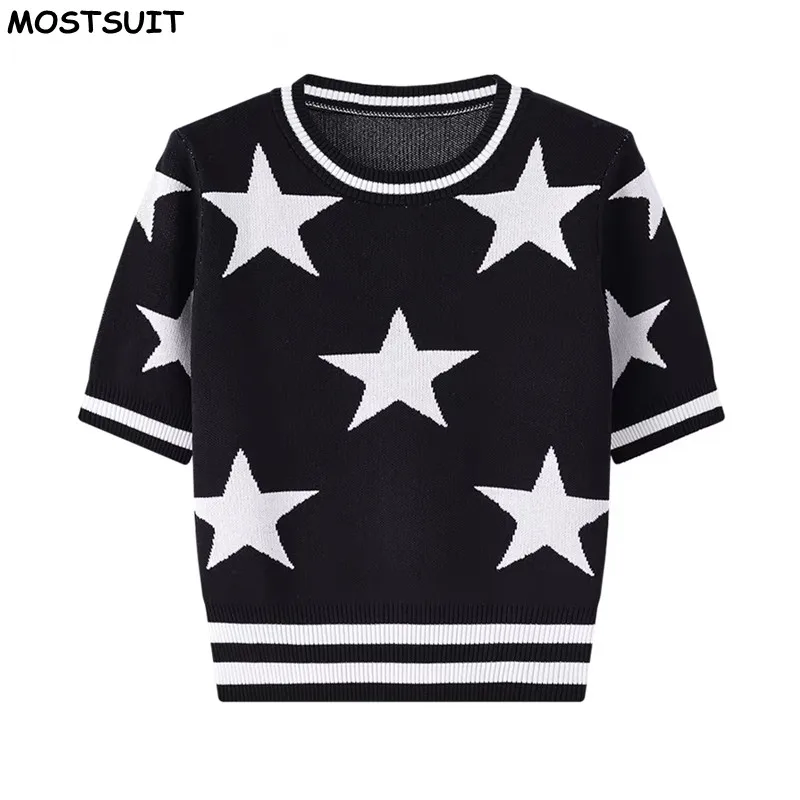 

Jacquard Knitted Sweater Tshirt Women 2024 Summer Stylish Elegant Fashion Chic Knitwear Tees Short Sleeve O-neck Jumpers Tops