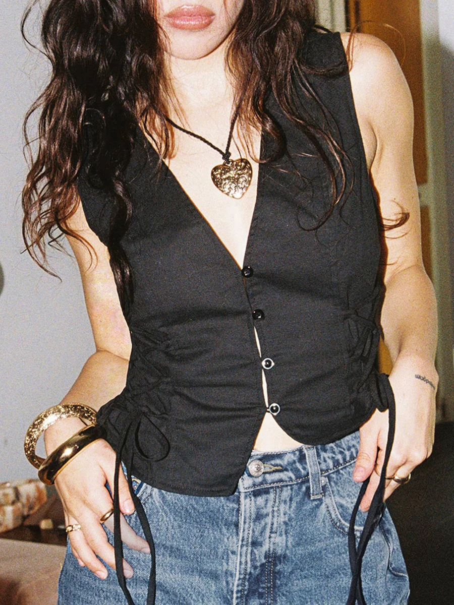 Women s Summer Tank Tops Solid Color Front Button Vest Side Cross Tie-Up Waistcoat Streetwear 5