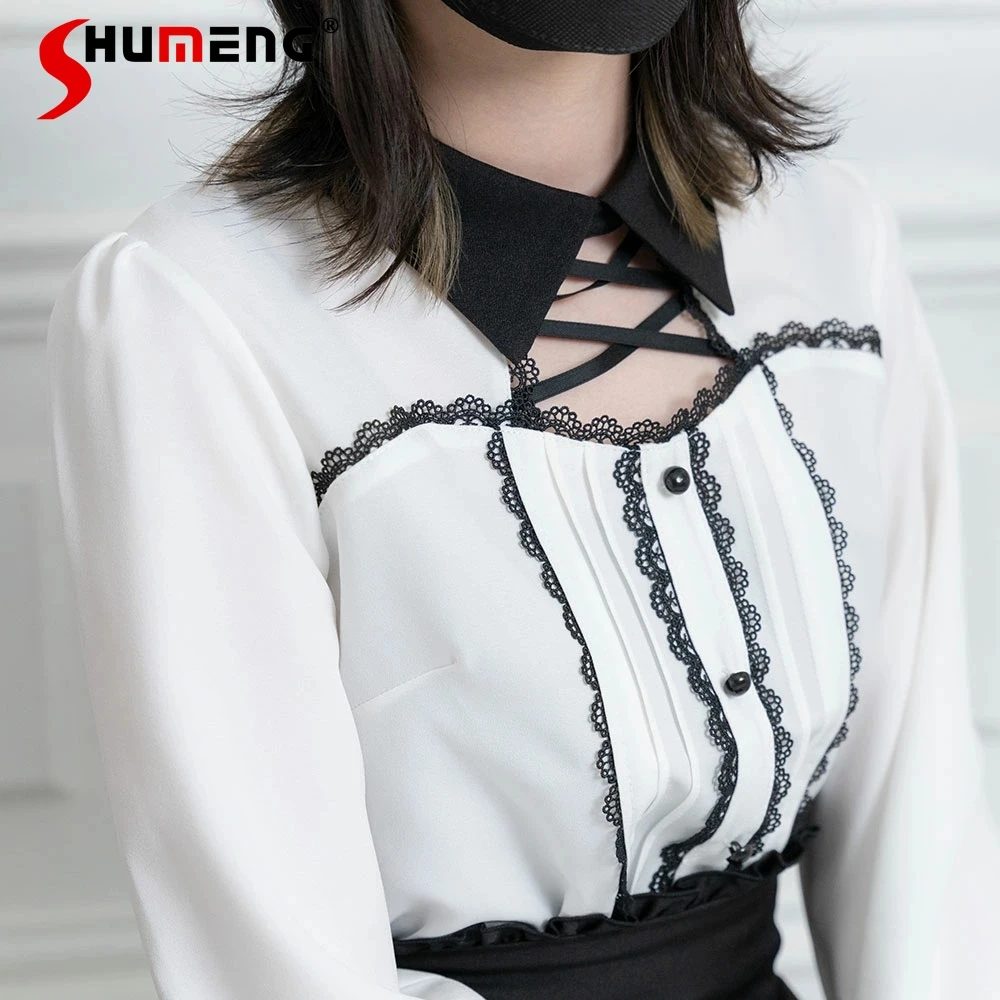 

Punk Lolita Mine Mass Passed Shirt for Women 2024 Spring New Sweet Lace-up Zip Off-the-Shoulder Long Sleeve Inner Wear Blouse
