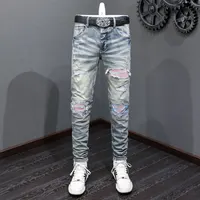 Street Fashion Men Jeans Retro Washed Blue Stretch Skinny Fit Ripped Jeans Men Pink Leather Patched Designer Hip Hop Brand Pants 1