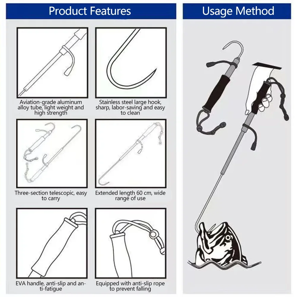 60/90/120CM Scalable Fish Grip with Barbs Fishing Gig Harpoon Metal Fishing Gaff Fork Hook for Outdoor Sea Boat Ice Fishing