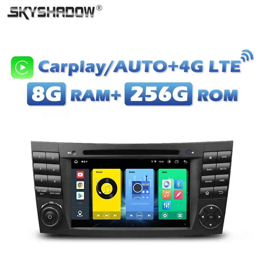 

4G SIM DSP Carplay Auto Android 12.0 8G+256G Car DVD Player Wifi Bluetooth 5.0 RDS RADIO GPS For Benz E-Class W211 CLS W219 W463