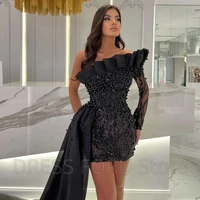 Sexy Black One Shoulder Long Sleeve Evening Dress Mini Side Sweep Train Women Party Banquet Pearls Short Strapless Prom Gowns - Image 2