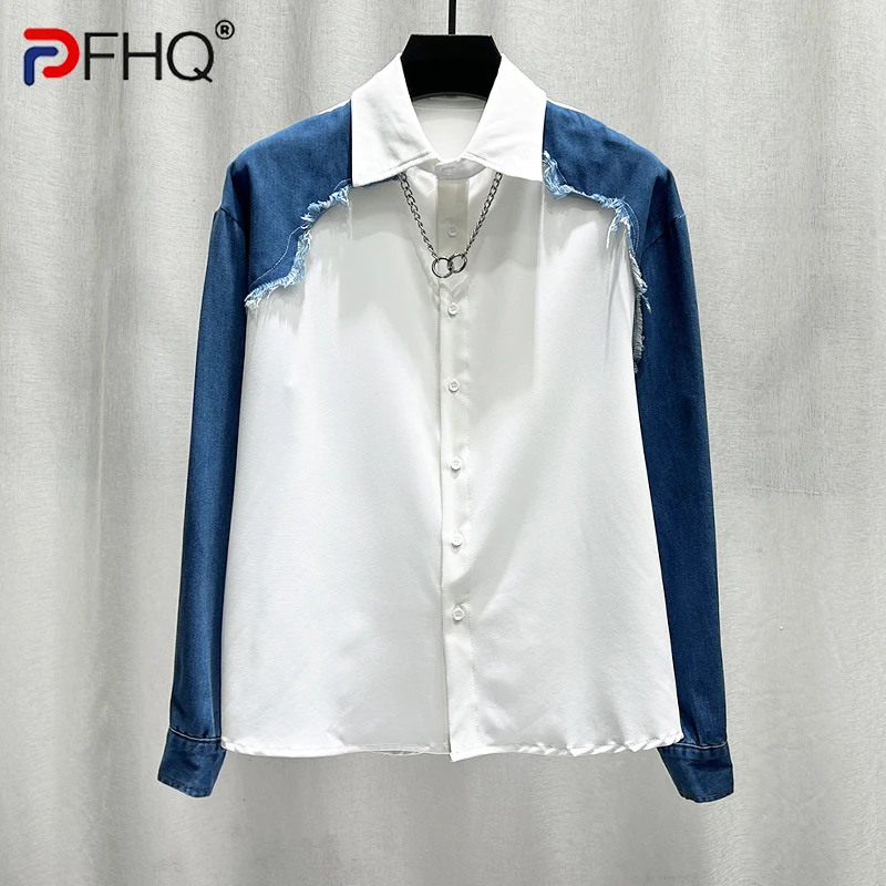 

PFHQ Patchwork Denim Long Sleeved Shirts For Men's Tide Personalized Handsome Korean Casual Loose Advanced Tops Summer 21Z4199