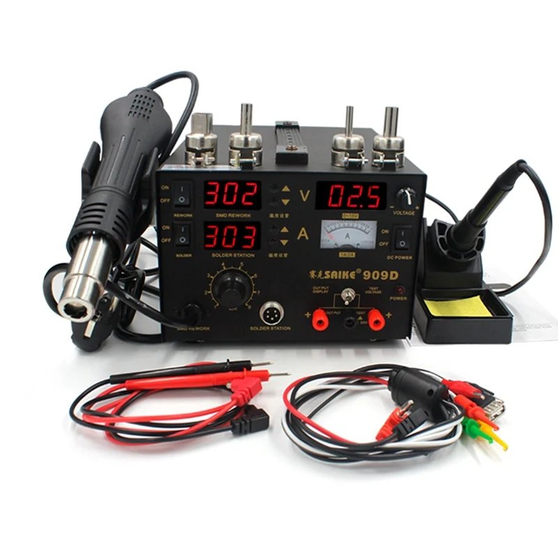 Saike 909D Soldering Iron 220V 110V Hot Air Gun Station + Soldering iron + DC Power supply 3in1 electric rework station Adjustable
