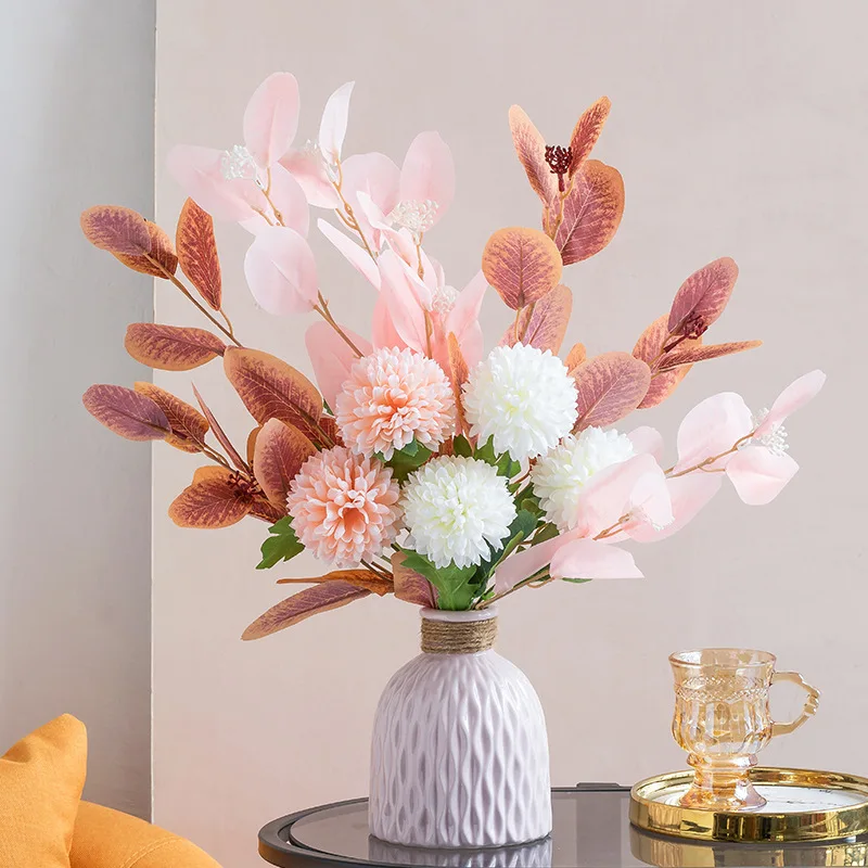 1bouquet Silk Hydrangea Bouquet With Eucalyptus Leaf Artificial Flowers Fake Leaf For Wedding Bride Bouquet Home Vase Decor Gift