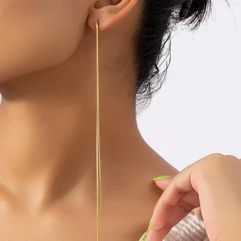 Chic Gold Color Hued Linear Long Earrings For Women Simple Design Elegant Party Jewelry For Women