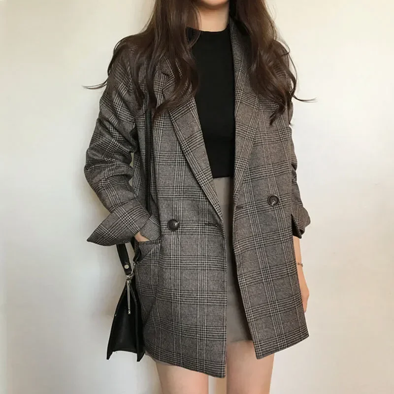 Women Plaid Blazers Coats Korean Elegant Thick Jacket Female Double Breasted Office Lady Fashion Long Overcoat Drop Shipping