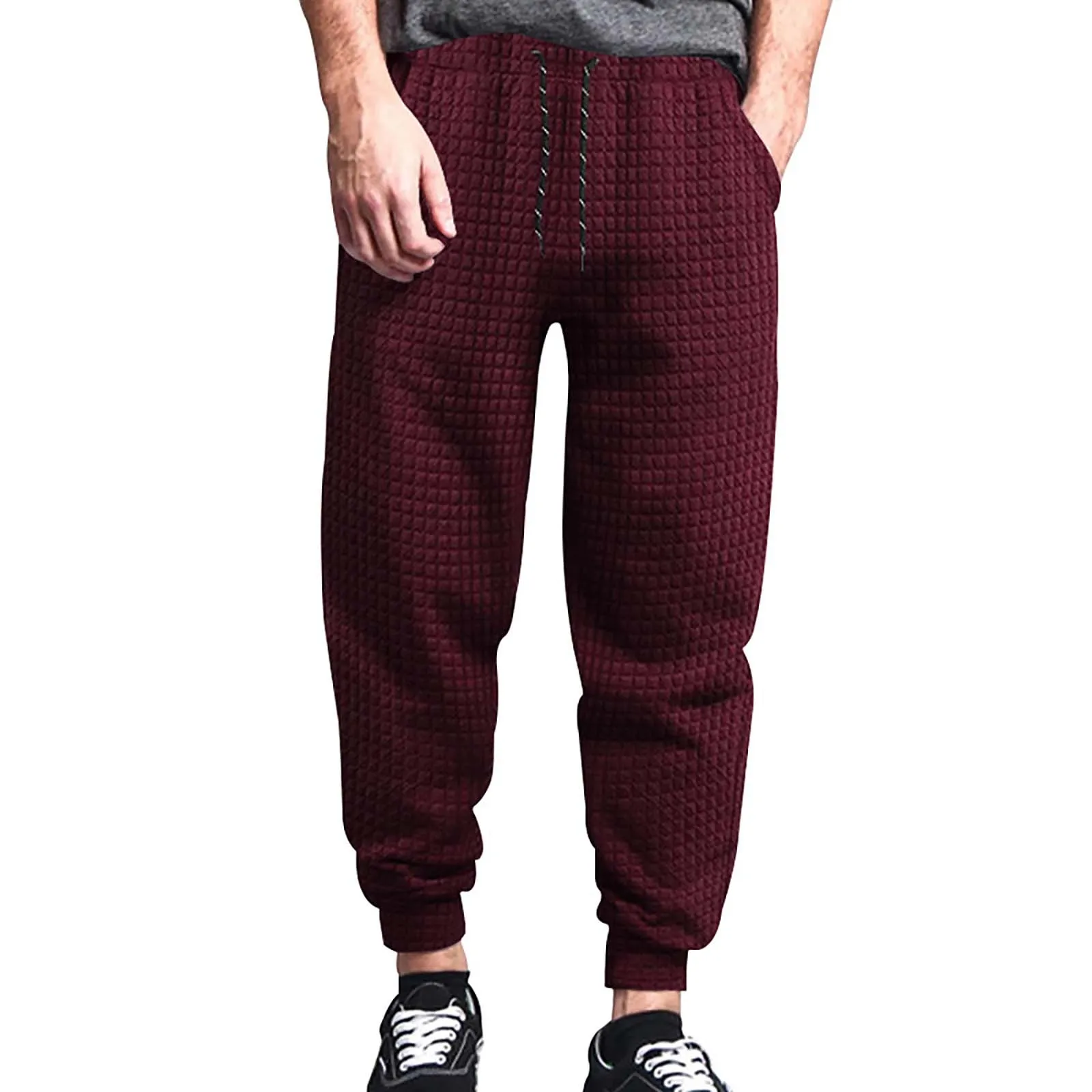 

Men'S Trousers Spring And Autumn Casual Sweatpants Solid Jacquard Small Square Plaid Drawstring Loose Sweatpants With Pockets