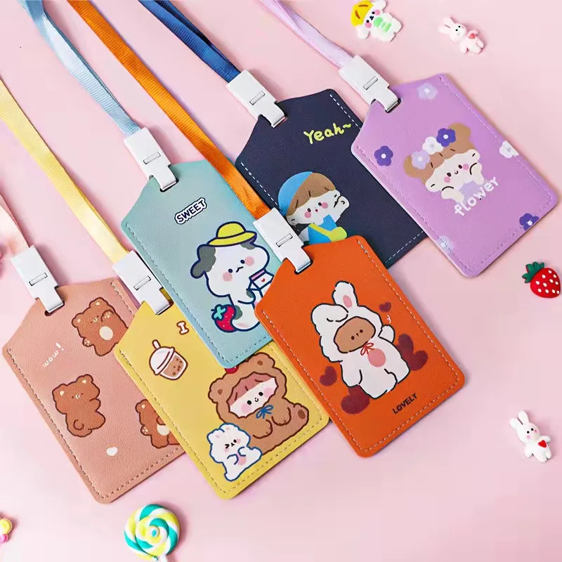 10 Pcs Cute Cartoon PU ID Card Badge Holder Office School Exhibition Stationery Supplies Neck Strap Lanyard Name Badge Holder flower epoxy type easy pull buckle retractable buckle badge holder exhibition id lanyard name card badge holder
