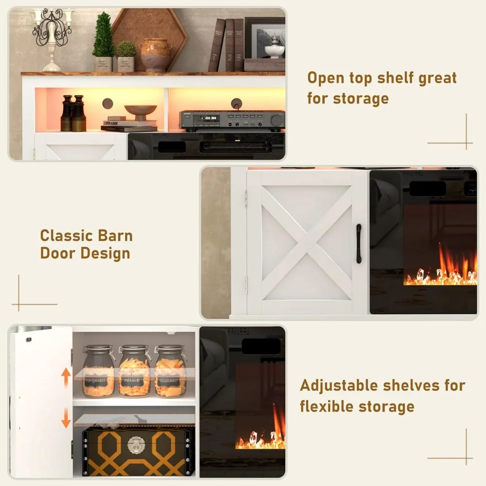 Farmhouse Fireplace TV Stand for 70/75/80 Inch TV, 32”Tall Entertainment Center w/ 36”Electric Fireplace & LED Light, 70”Media C 6