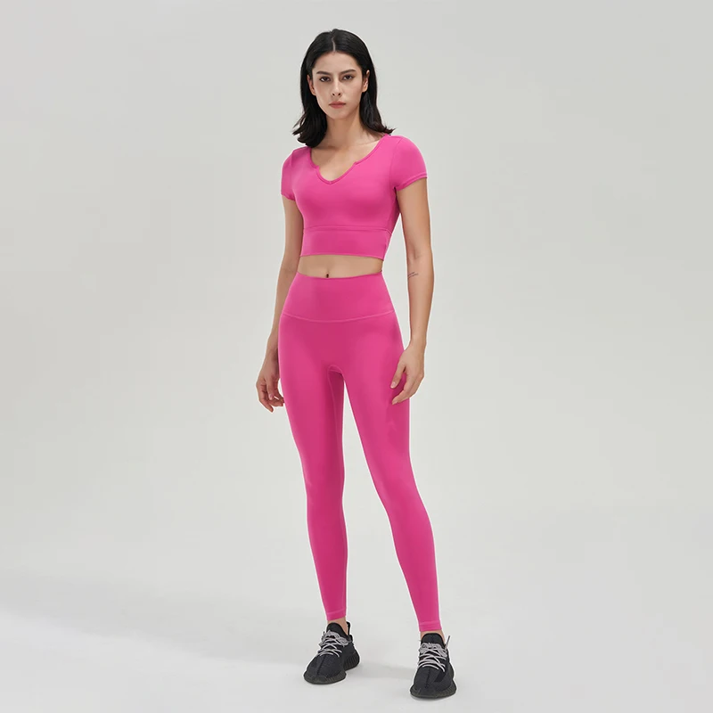 SOISOU Yoga Clothes Women Tights Sports Tops Short Sleeved Running Slim V-Neck Vest Fitness Workout Crop Top With Chest Pad