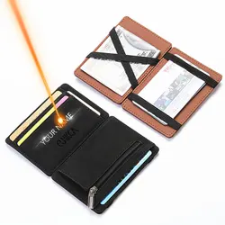 New Mini Men Wallets Name Engraved Card Holder Male Wallet High Quality PU Leather Zipper Coin Pocket Small Magic Man Purses