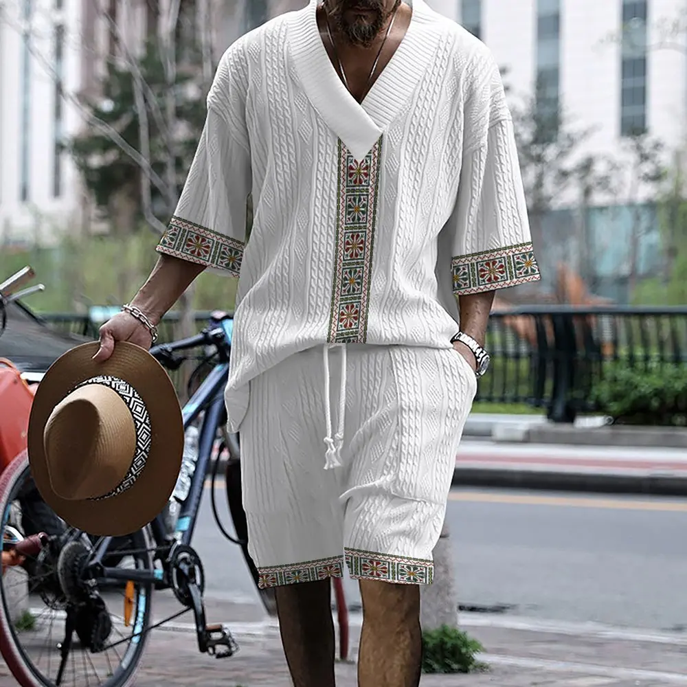 

2024 Men's Trendy Printing Casual Set Men's Summer Loose Short sleeved Shorts V-neck Dynamic Set Two piece Set for Men