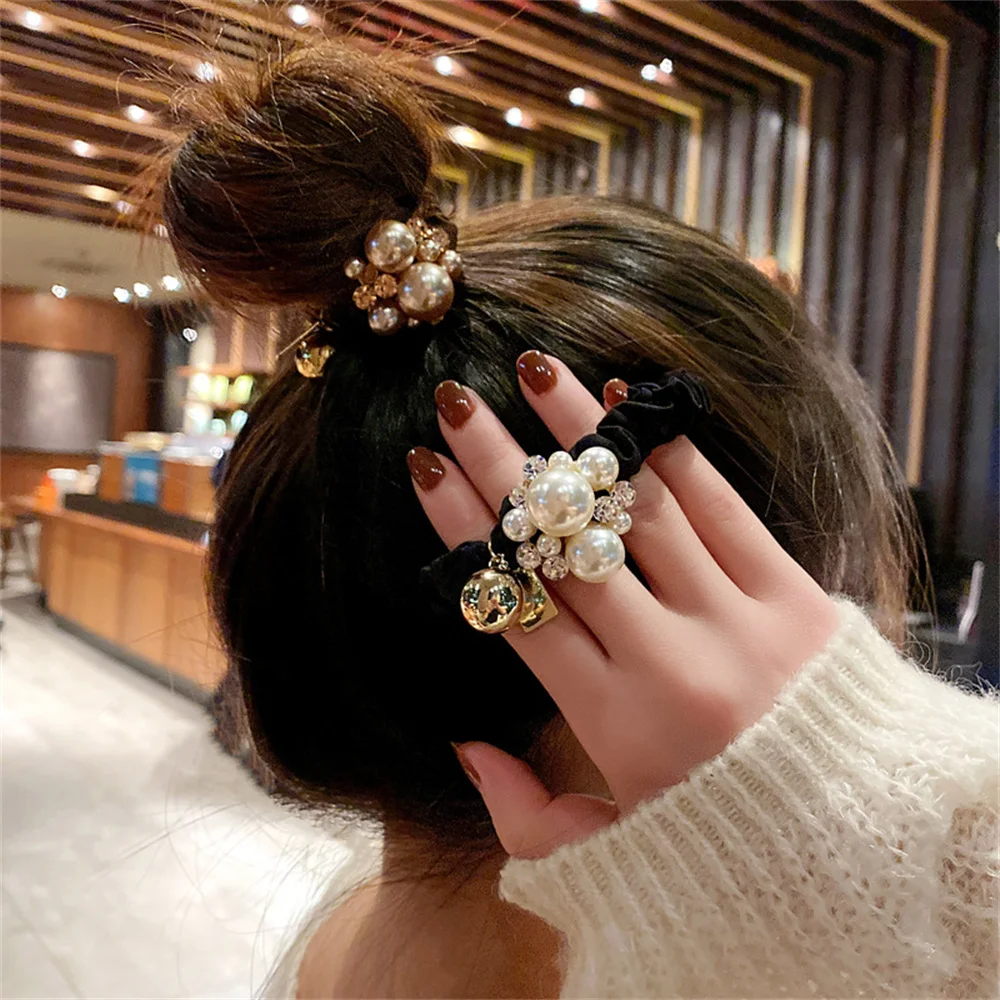 Kopf Blume Perle Rhinester Haar Seil Runde Kugel Kopf Ring Faltig Darm Ring Frauen Pferdeschwanz Gummiband Mode Scrunchies – Detail 5