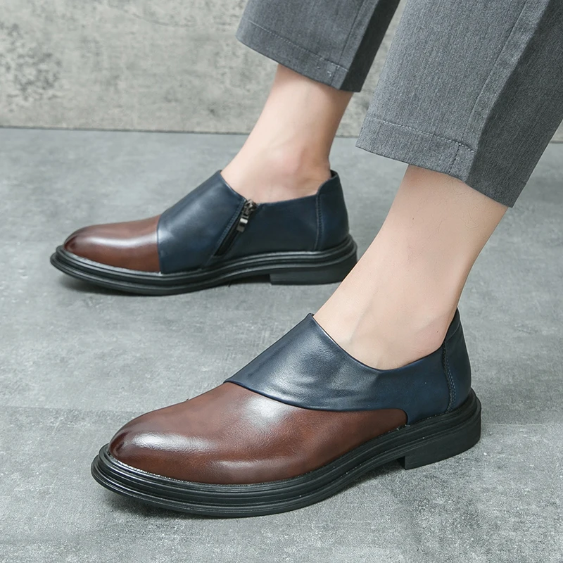 New British style men's matching color side zipper leather shoes for young men lazy foot business dress pointy men's shoes 4