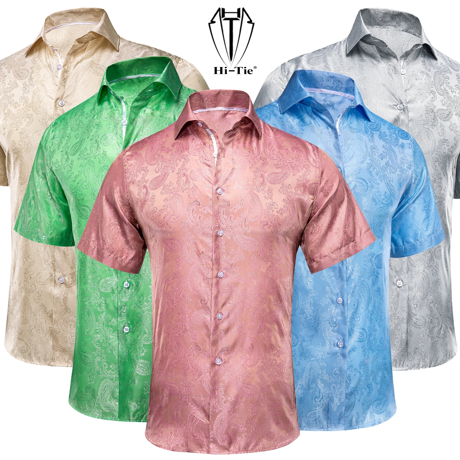 Hi-Tie Silk Mens Short Sleeve Shirts Breathable Comfortable Shirt For Men Blouse Summer Spring Business Office High Quality Gift
