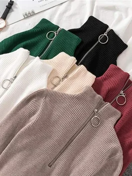 موضة الصلبة محبوك البلوزات خمر كم طويل زمم الأساسية نصف شيك الياقة المدورة سترة المرأة الإناث البلوفرات بلايز عادية 2