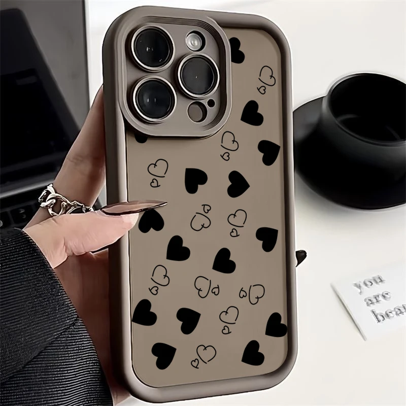 thumbnail image 1 of Funda de teléfono para iPhone 16 15 13 14 Pro Max 11 12 13 Mini 7 8 Plus XR X XS Max SE2022 Funda mate suave a prueba de golpes con estampado de corazón, 1 of 5
