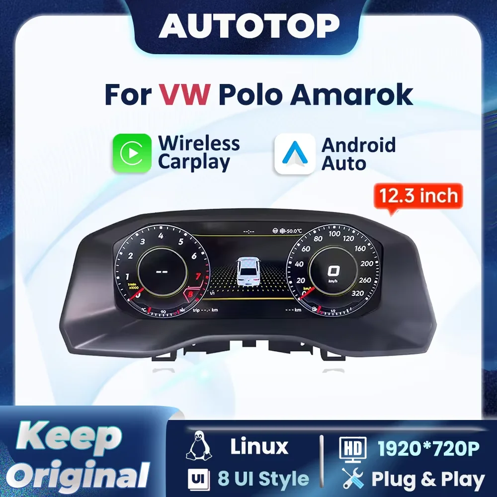 Panel de Instrumentos Digital LCD de 12.3 Pulgadas para VW Polo Amarok 2009-2020, CarPlay Inalámbrico, Android Auto, Panel de Instrumentos, Cabina 1