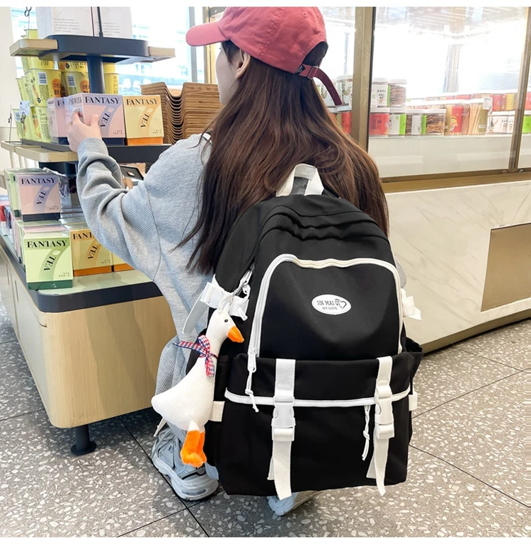 New High School Harajuku Double Buckle Women Backpack School Bags Teenage Girls Kawaii Backpack Waterproof Student Bag Mochila