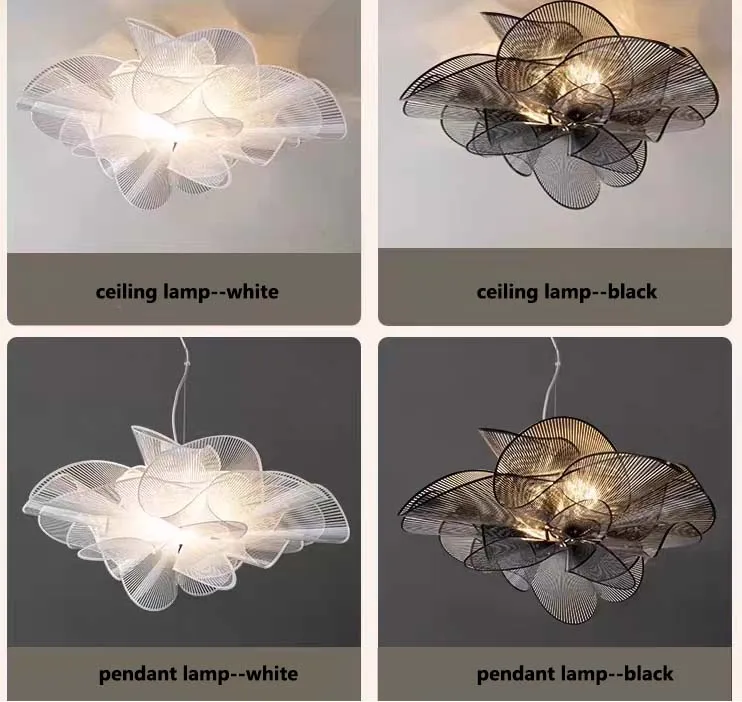 북유럽 클래식 꽃잎 LED 천장 램프 블랙 화이트 PVC 모던 디자이너 샹들리에 침실 식당 홈 데코