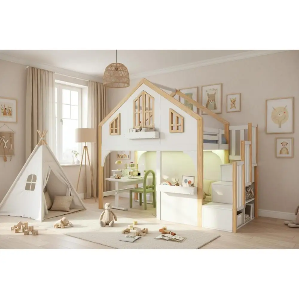Nordisches 90x200cm Etagenbett in Fensterform mit LED-Beleuchtung & Stauraum-Treppe für Kinder – Fotomöbel – Detail 20
