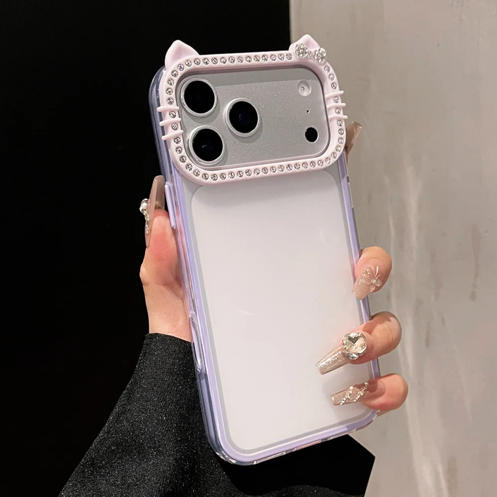 Luxury Rhinestone Cat Ears Matte Transparent Phone Case with Candy Color Bumper