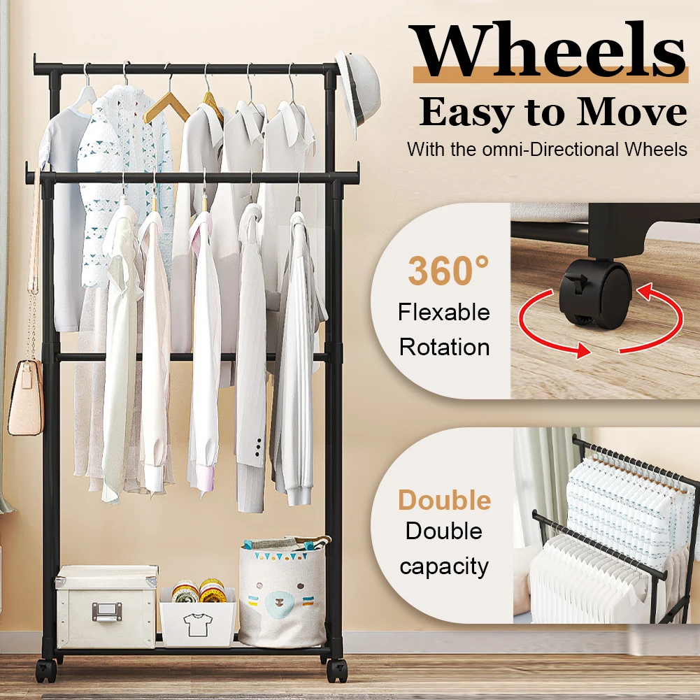 Double Rods Garment Rack Clothes Rack with Wheels Multifunctional Clothes Hanging Rack for Laundry Room Clothing Store