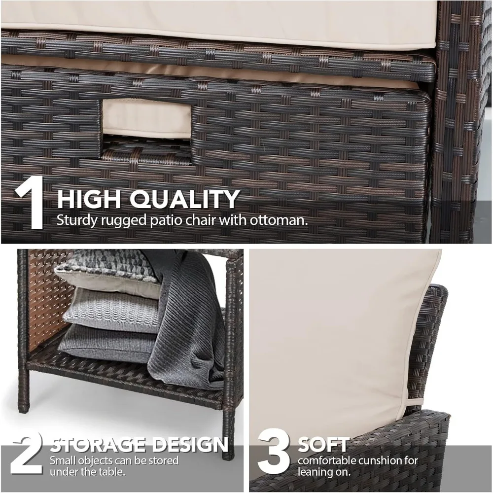 Piece Patio Conversation Set, PE Wicker Rattan Outdoor Lounge Chairs with Soft Cushions 2 Ottoman&Glass Table, Garden Sofas 6