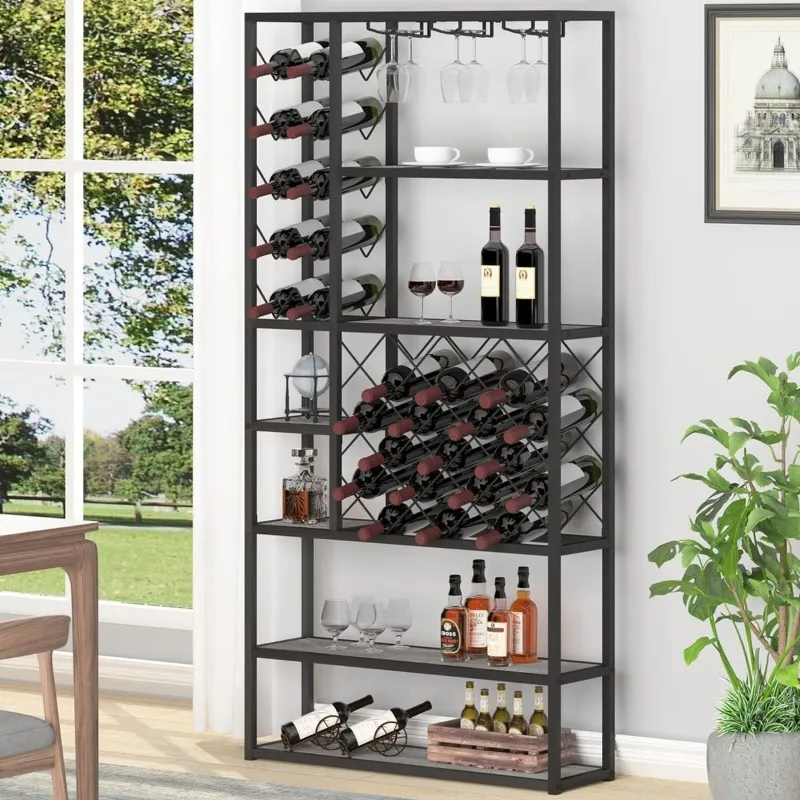 Industrial Wine Rack Freestanding Floor, Farmhouse Tall Coffee Bar Cabinet with Storage, Wood Metal Stackable Bakers Rack