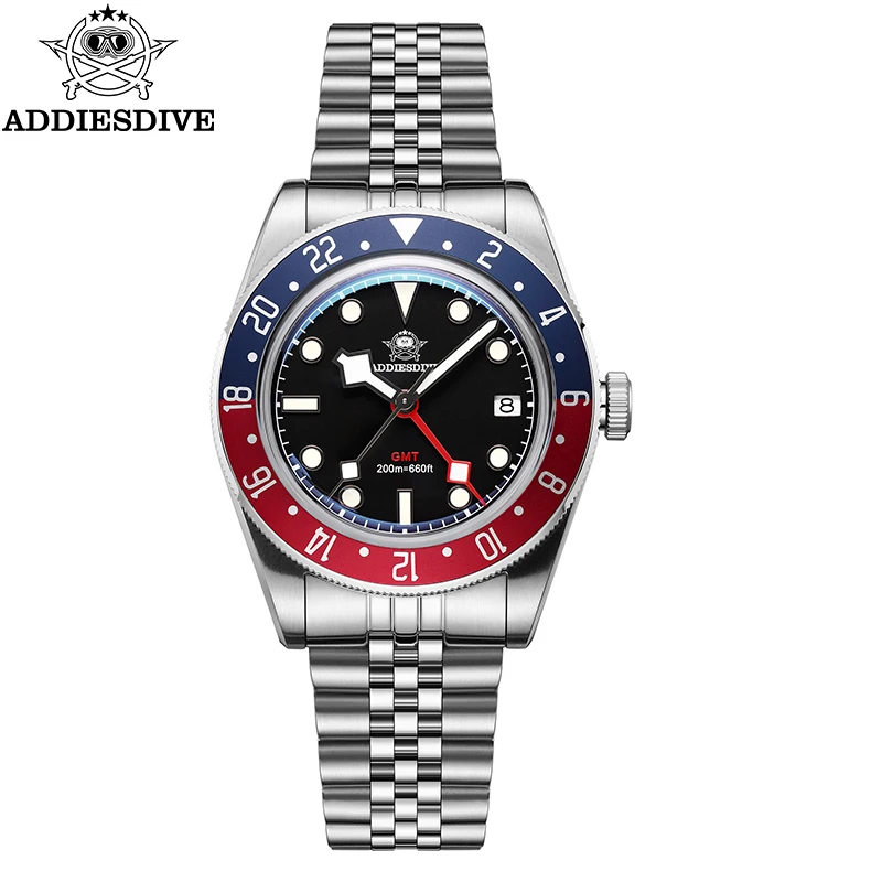 

ADDIESDIVE AD2044 Men Watches 200M Waterproof GMT Watch Swiss Landa Movement Bubble Mirror Glass Blue Luminous Quartz Watches