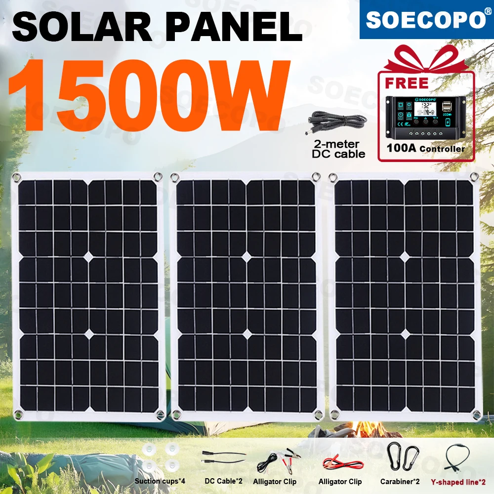 ชุดแผงโซลาร์เซลล์สำหรับตั้งแคมป์ SOECOPO 1500W พร้อมคอนโทรลเลอร์ 100A ฟรี - แผง 3*500W DC 18V USB 5V สำหรับอุปกรณ์ตั้งแคมป์และการเดินทางกลางแจ้ง 1