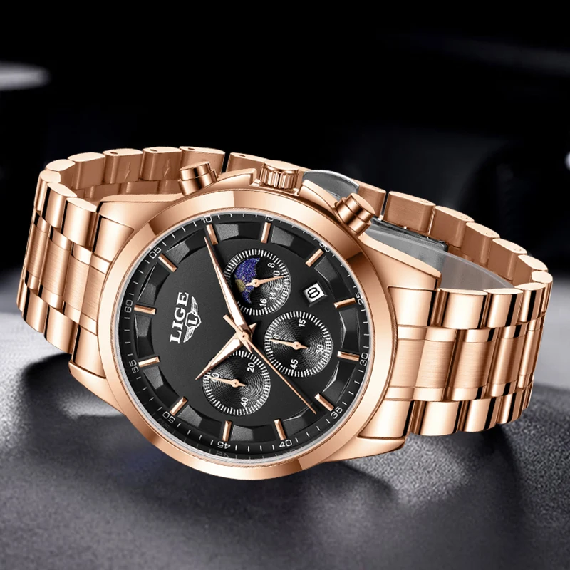 LIGE New Sports 24 Hour Moon Phase Chronograph Wrist Watch For Men Fashion Business Waterproof Luminous Men's Quartz Watches