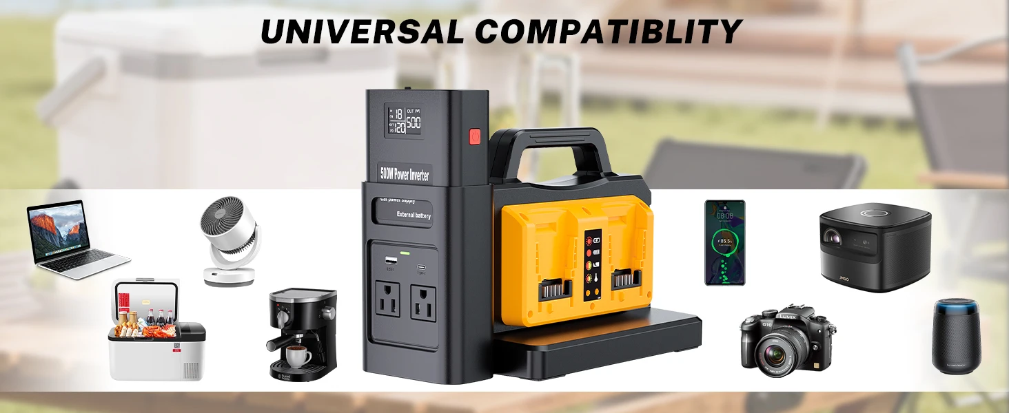 2 in 1 500W Power Inverter Battery Charger Compatible with Dewalt 20V Battery Ge