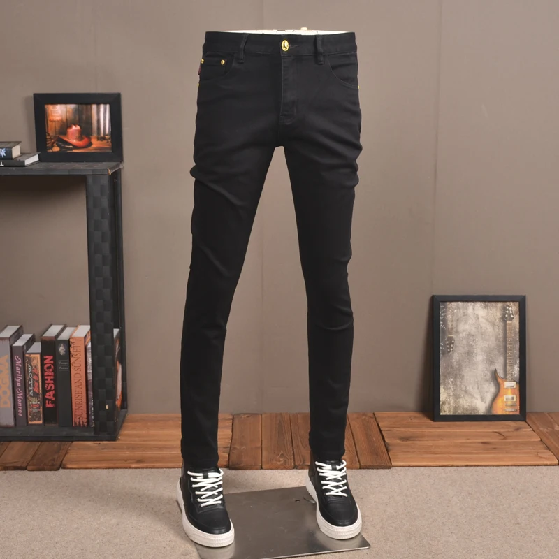 Men's Black Jeans Streetwear Slim Fit Straight Pants Korean Style Fashion Stretch Denim Trousers CP2032