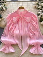 Femmes printemps automne chemise mode français rétro décontracté haut de gamme à pois Blouse avec manches à bulles nœud Design haut S263 3