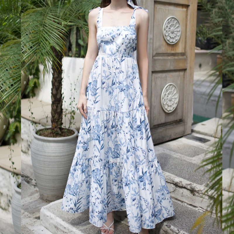 

Sweet Lace-up Back Bow Dress 2023 Summer Elegant Backless Spliced Print Dress Casual Sleeveless Slim A-line Dress Vestidos 27332