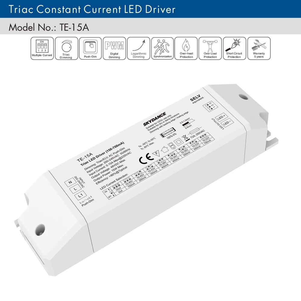 

Skydance 200-240V Input Led Triac Dimming Driver TE-15A/25A/36A,Output 15-36W 150-1200mA Constant Current Triac Dimmable Driver