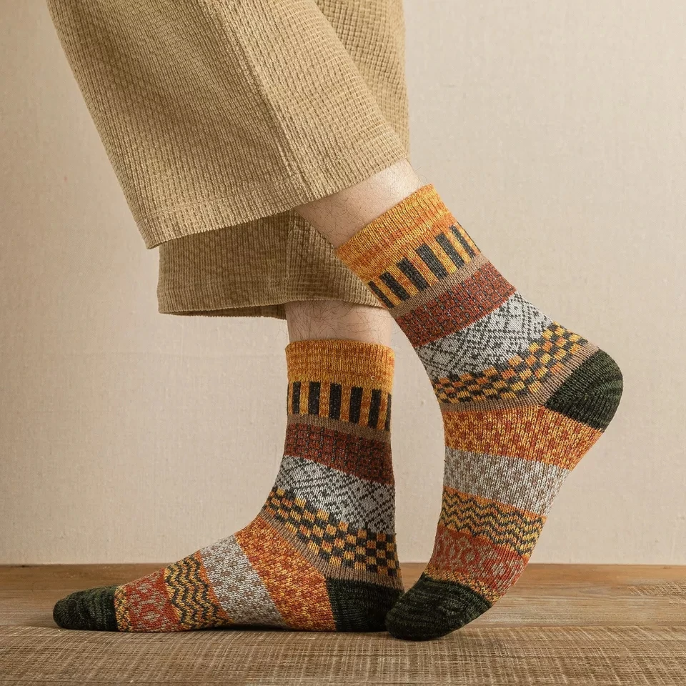 Mens Winter Wool Socks - Warm Colorful Retro Style for Snow Boots EU Size 38-44