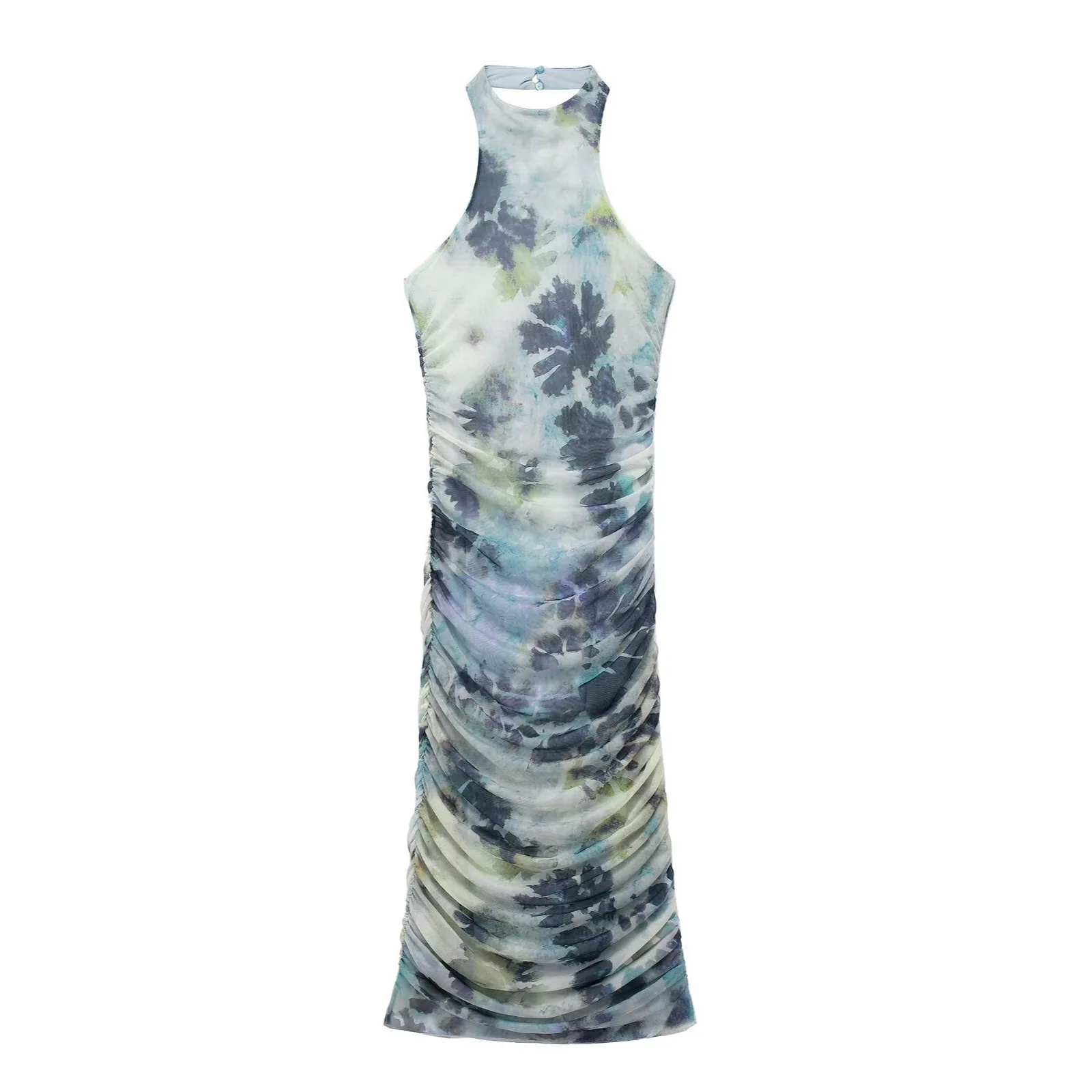 

Spring 2024 New European and American Women's Printed Silk Mesh Slim Neck-neck Dress