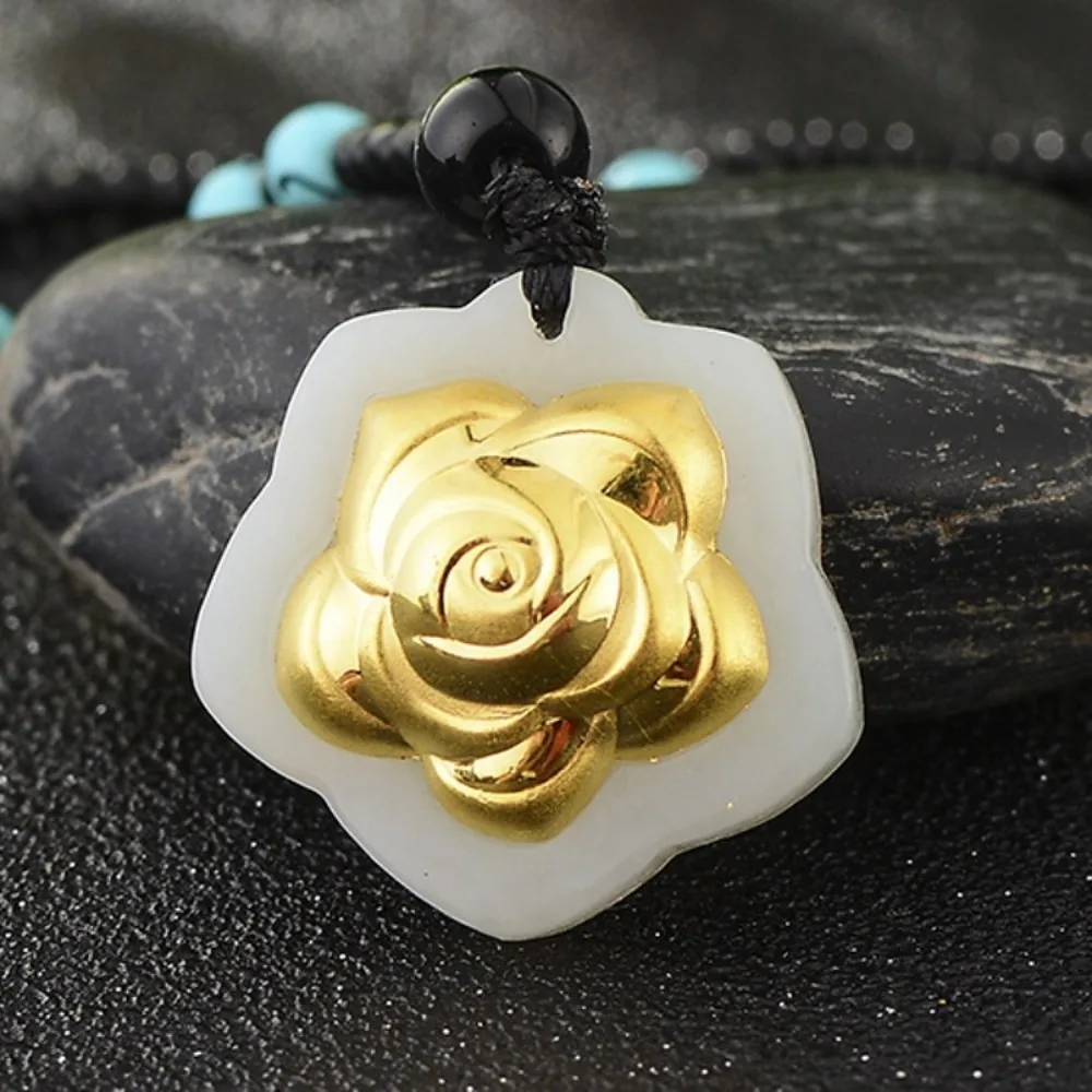 

New Natural Hetian Jade Lucky Rose Flower Pendant 24K Yellow Gold For Women